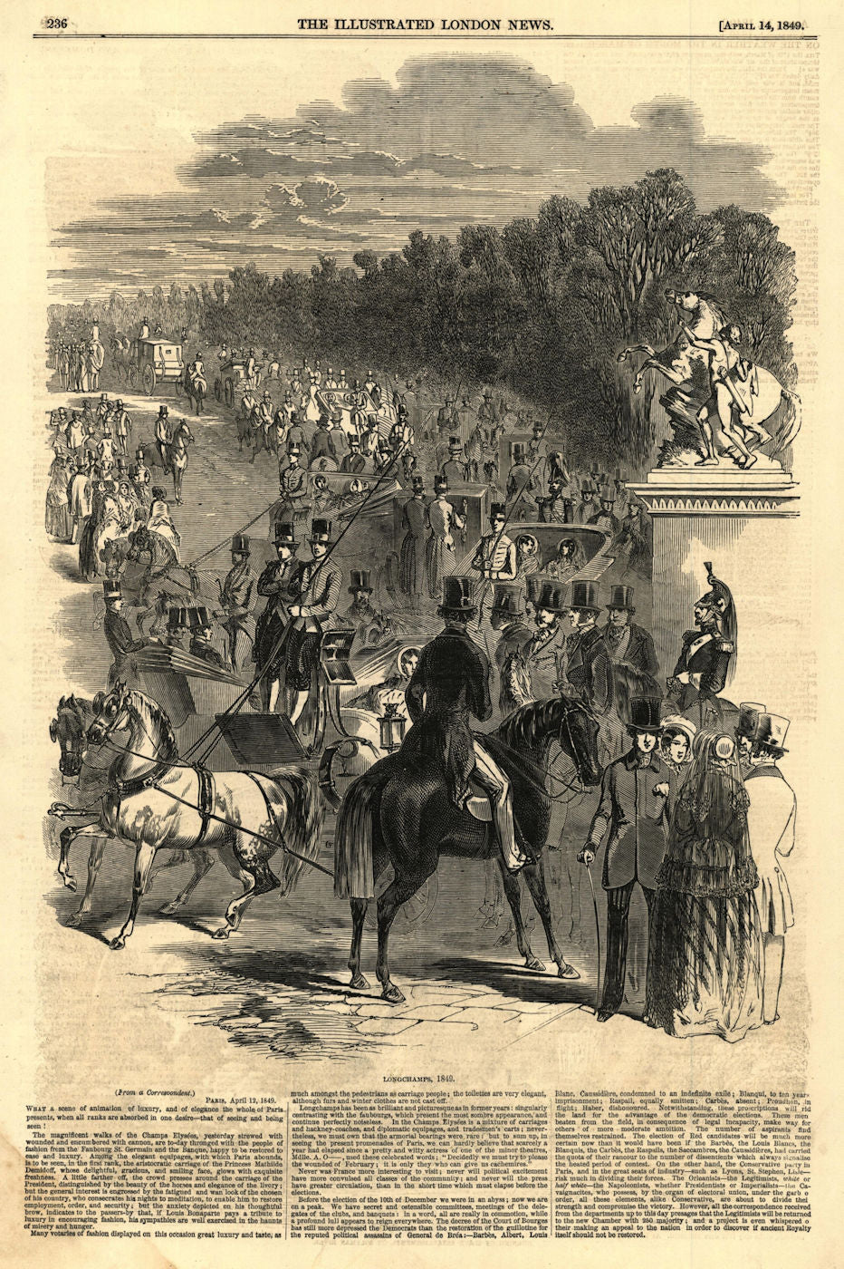 Longchamps. Paris. Racing 1849 antique ILN full page print 1849 old